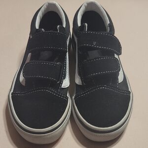 Kids Black and White Velcro Vans Sneakers Size 12C